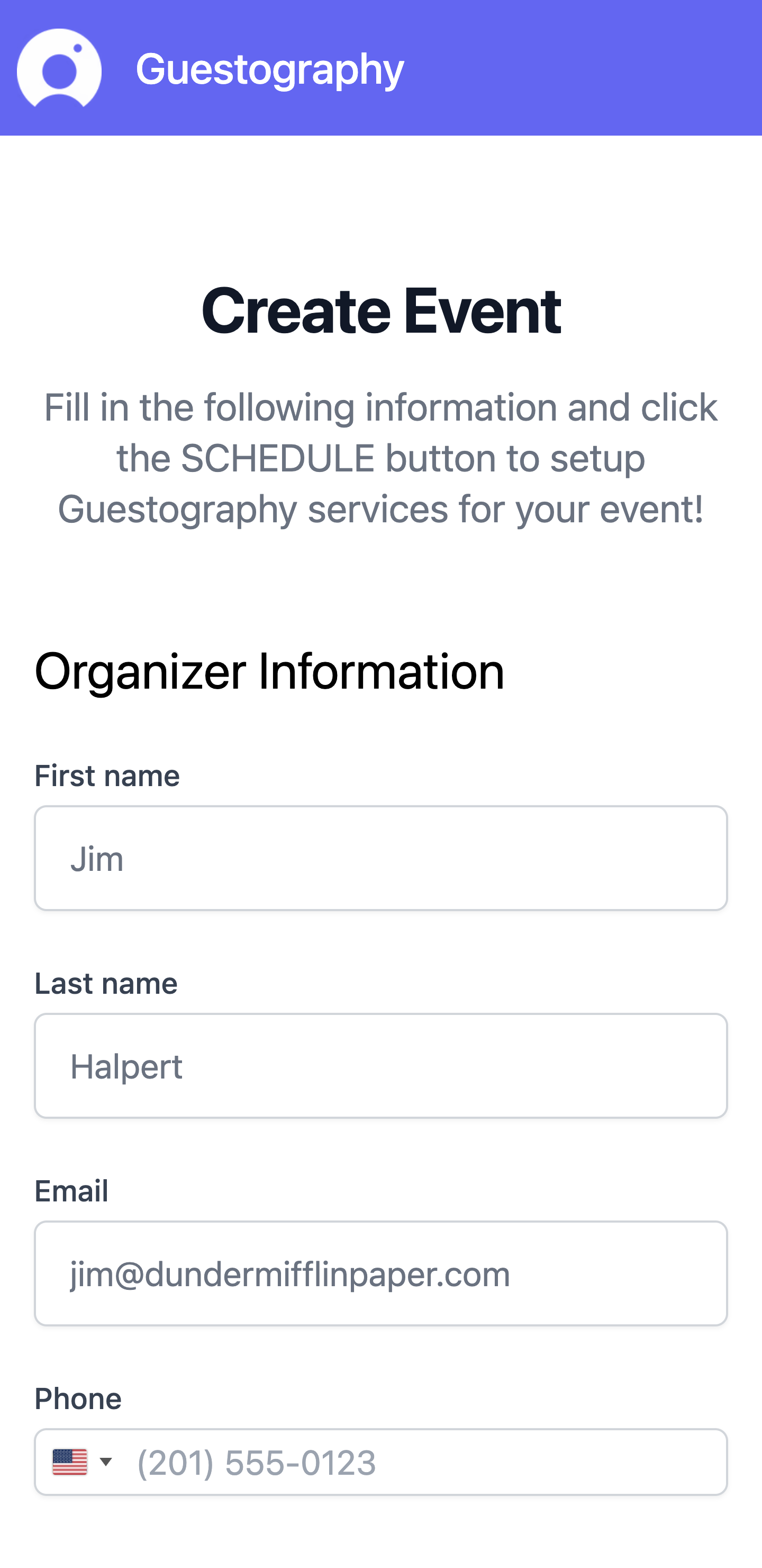 iPhone mockup with example event creation form